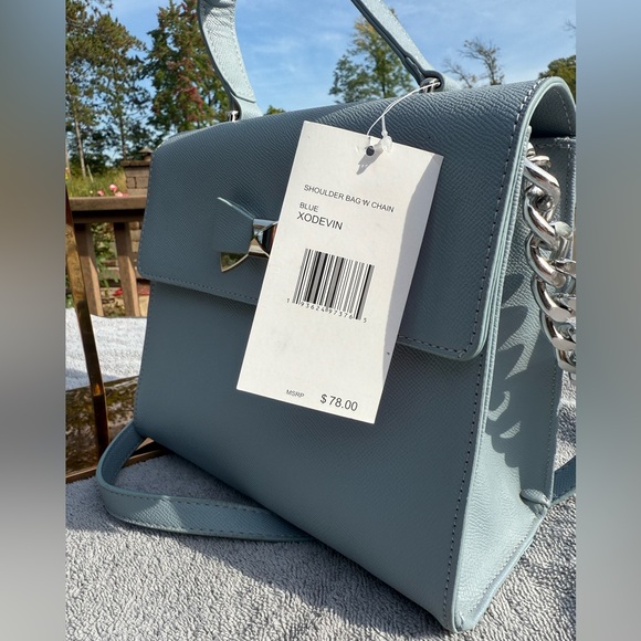 NWT! Betsy Johnson Devin Satchel Top Handle Crossbody Bag Blue Bow Chain Strap - Picture 8 of 13